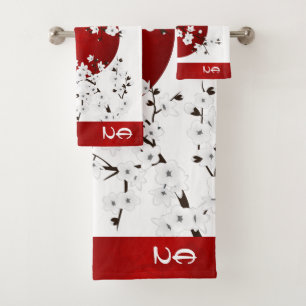 Rising Sun Cherry Blossom   Red White Monogram Bath Towel Set