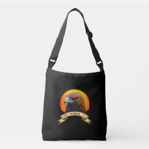 Rising sun, golden eagle & ribbon with honour text crossbody bag