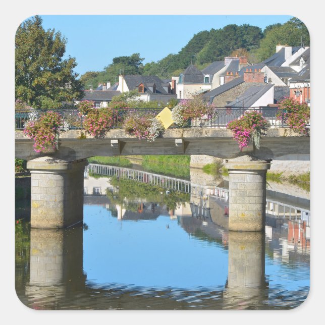 River and bridge at Josselin in France Square Sticker (Front)
