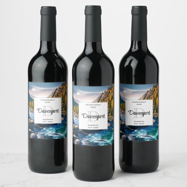 River and Mountains Photo Monogram Wine Making Label (Bottles)