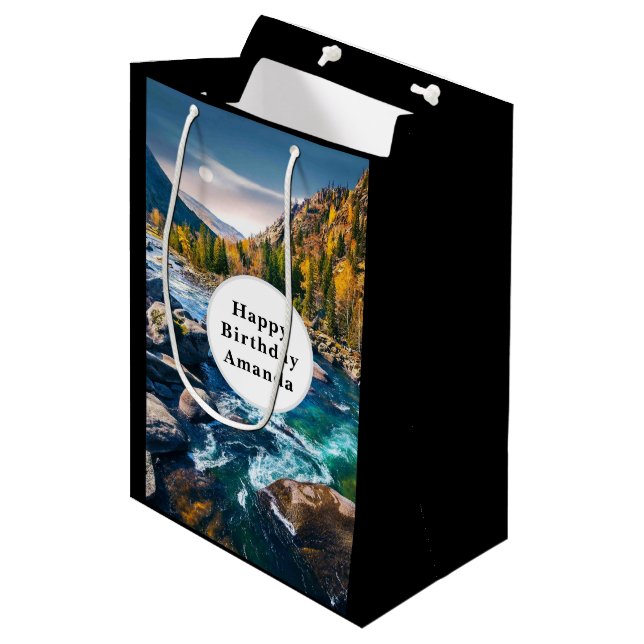 River and Mountains Scenic Photo Birthday Medium Gift Bag (Front Angled)