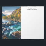 River and Mountains Scenic Photo Notepad<br><div class="desc">A notepad with a scenic photograph featuring tree covered mountains in autumn colours. A vibrant river flows around a multitude of rocks. A large white full moon hovers above.</div>