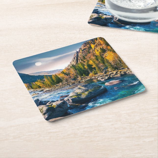 River and Mountains Scenic Photo Square Paper Coaster (Angled)