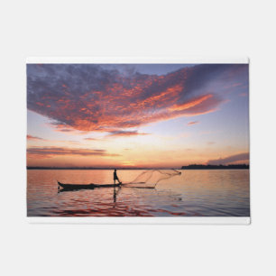 River Boat Fisherman Scene Floor Mat