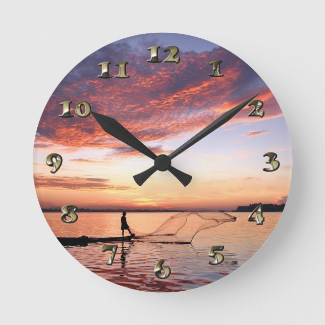 River Boat Fisherman Scene Round Clock (Front)