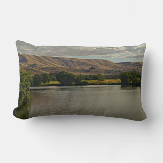 river, desert and farmland landscape, peaceful lumbar cushion (Front)