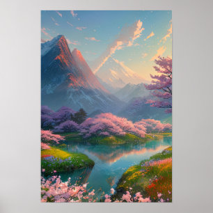 River Embraced by Cherry Blossom Symphony Poster