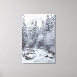 River flowin through snowy winter forest Mojstrana Canvas Print