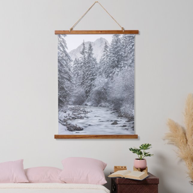 River flowin through snowy winter forest Mojstrana Hanging Tapestry (Bedroom)