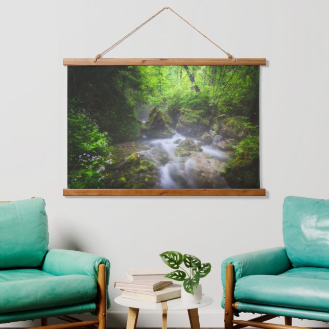 River flowing through enchanted green forest hanging tapestry (Living Room)