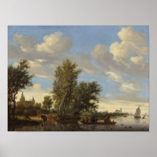 River Landscape with Ferry, 1649 (oil on canvas) Poster