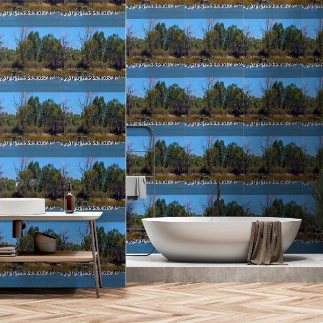 "River Murray's Fishermen: A Pelican Gathering" Wallpaper (Bathroom)