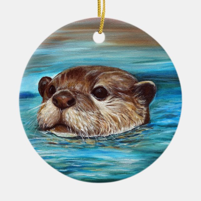 River Otter Painting Ceramic Tree Decoration (Front)