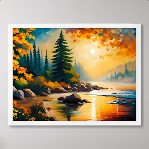 river painting rocky pine forest autumn afternoon poster