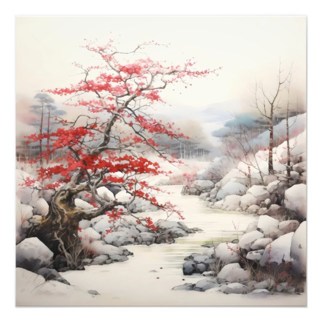 River Red Tree Ink Painting Photo Print (Front)