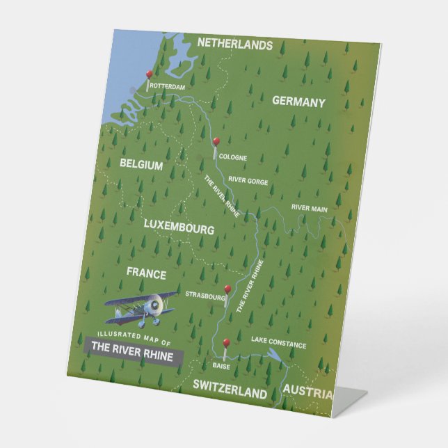 River Rhine retro travel map. Pedestal Sign (Front)