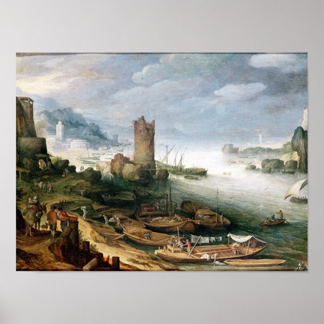 River Scene with a Ruined Tower Poster (Front)