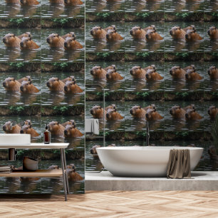 "River Serenity: Capybaras Swimming in the Flow" Wallpaper