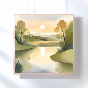 River Sunrise Watercolor Yellow Poster