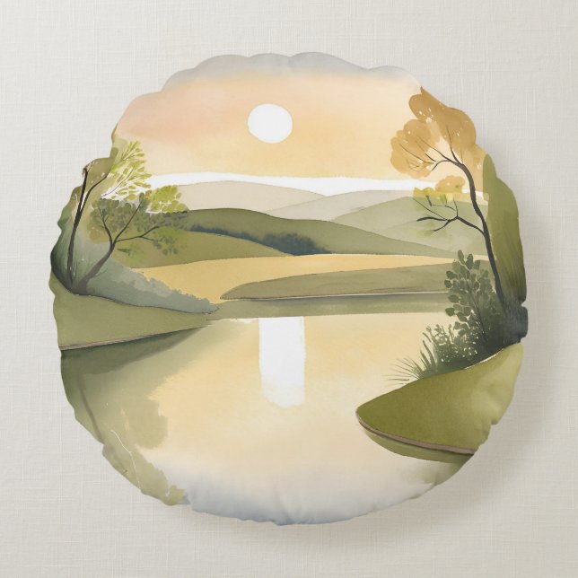 River Sunrise | Watercolor Yellow Round Cushion (Front)