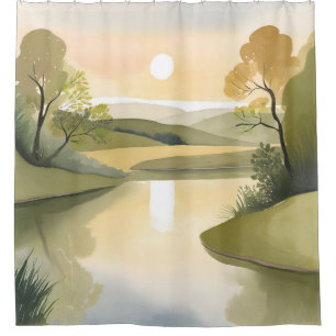 River Sunrise   Watercolor Yellow Shower Curtain