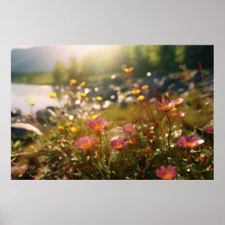 River with Pink and Yellow Flowers Poster