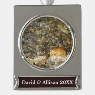 River-Worn Pebbles Brown and Grey Natural Abstract Silver Plated Banner Ornament