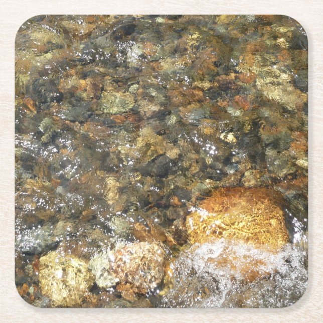 River-Worn Pebbles Brown and Grey Natural Abstract Square Paper Coaster (Front)
