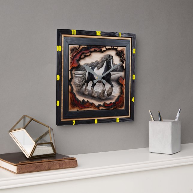 Riverbank Trot: Charred Wood Gypsy Vanner  Square Wall Clock (Office)