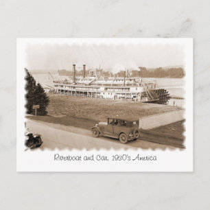 Riverboat and Car, 1930's America Postcard