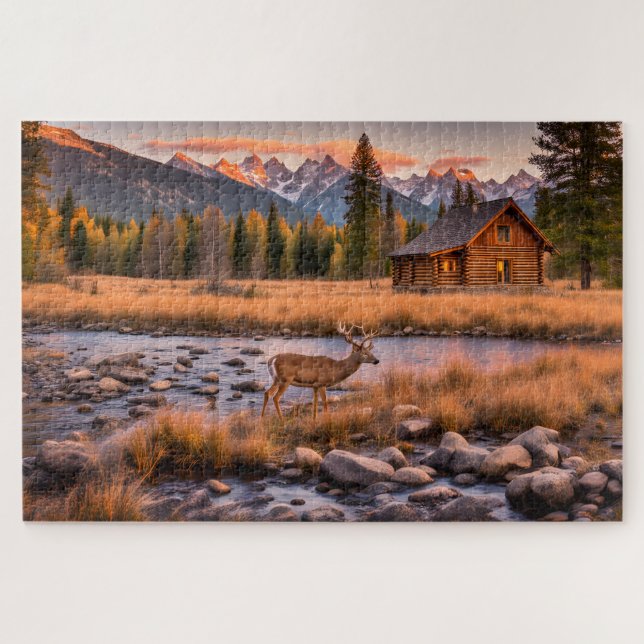 Riverside Cabin with Deer Jigsaw Puzzle (Horizontal)