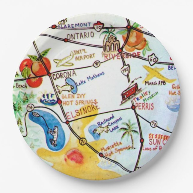 Riverside - California Colourful Map  Paper Plate (Front)
