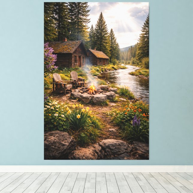 Riverside Serenity – Cinematic Cabin Canvas Print (Insitu(Wood Floor))