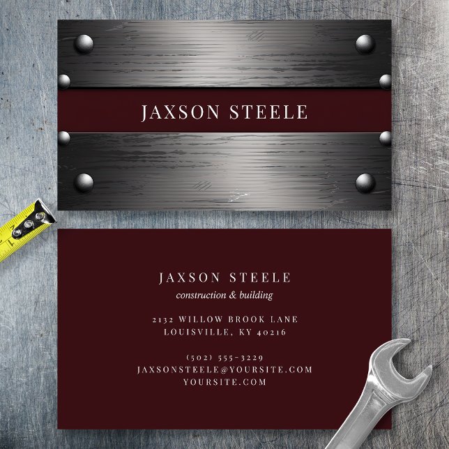 Riveted Metal and Burgundy  Business Card (Creator Uploaded)