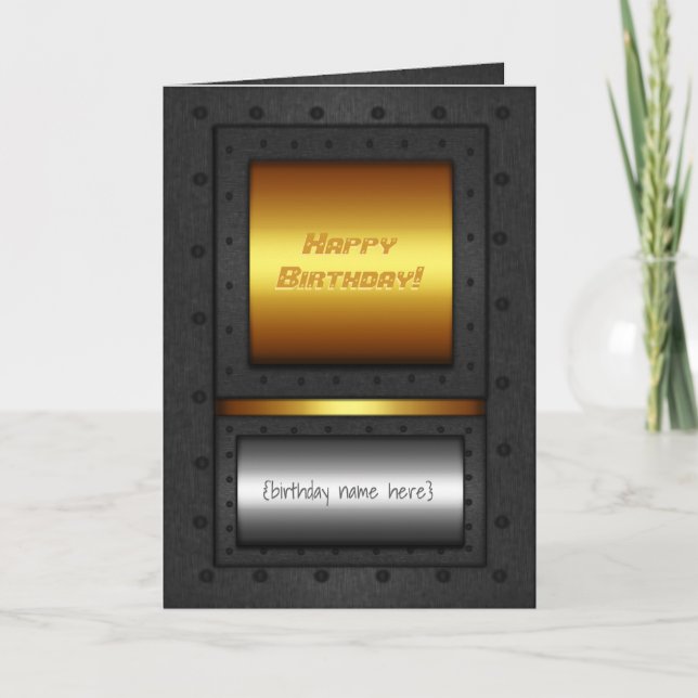 Riveted steel-framed gold and chrome birthday card (Front)