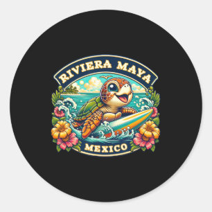 Riviera Maya Mexico Cute Sea Turtle Surfing  Classic Round Sticker