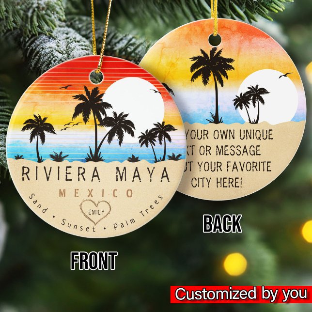 Riviera Maya Mexico Retro Sunset Palm tree 60s Ceramic Tree Decoration (Creator Uploaded)