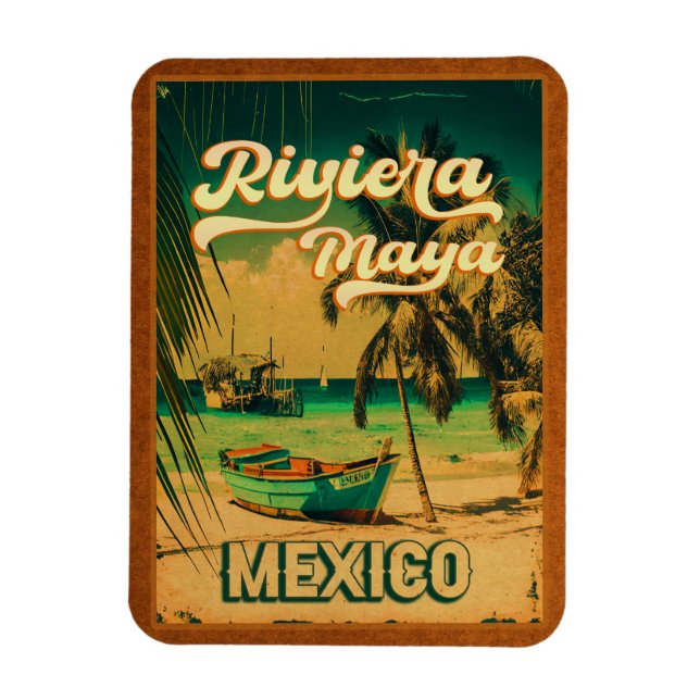Riviera Maya Postcard Palm Tree Vintage Travel Magnet (Vertical)