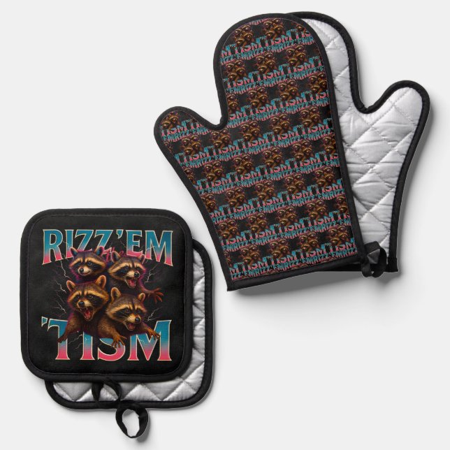 Rizz Em With The Tism Meme Autism Funny Racoon Oven Mitt & Pot Holder Set (Front/Back)