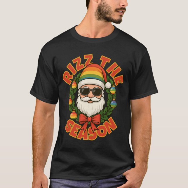 Rizz The Season Trendy Christmas Gay Rainbow Santa T-Shirt (Front)