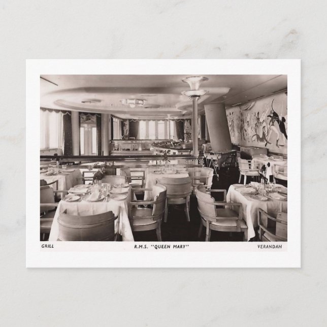 RMS Passenger Ship, Queen Mary, Grill Vintage Postcard (Front)