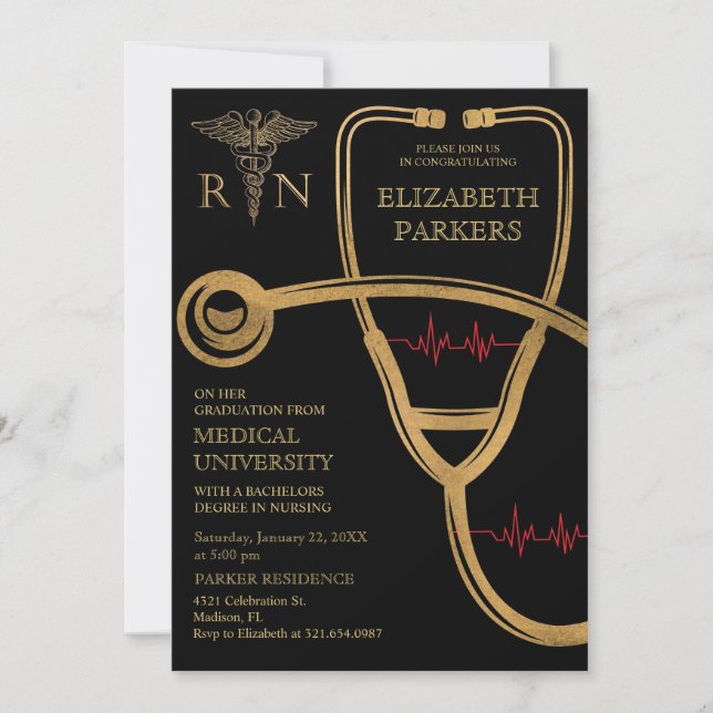 RN BSN Black Gold Nursing Graduation Party Invitation (Front)