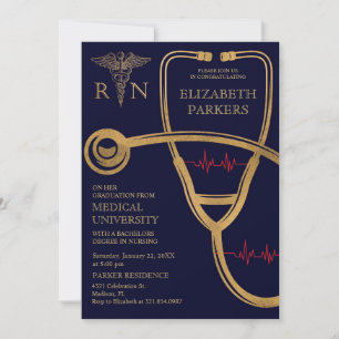 RN BSN Navy Gold Nursing Graduation Party Invitation