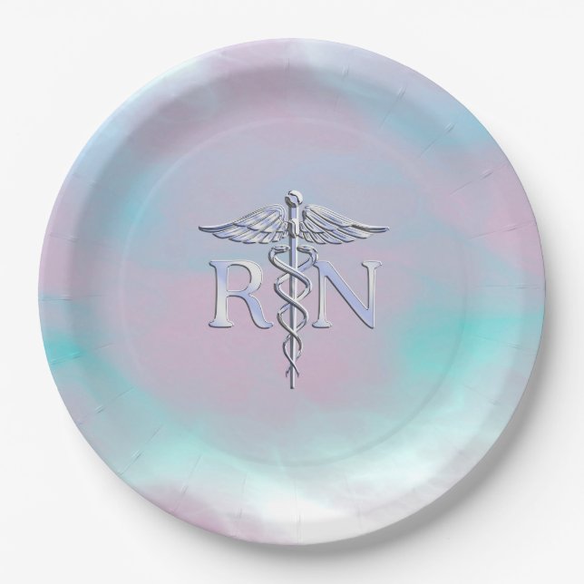 RN Caduceus Medical Mother Pearl Decor Paper Plate (Front)