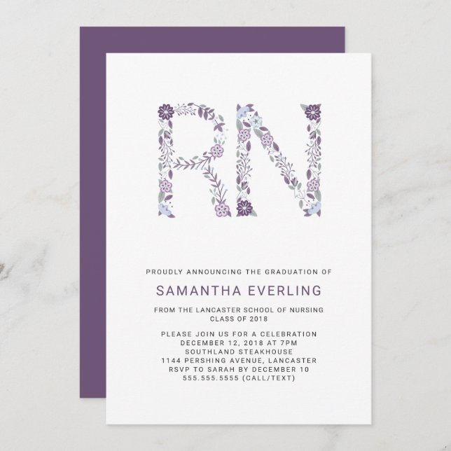 RN graduation celebration, floral nurse purple Invitation (Front/Back)
