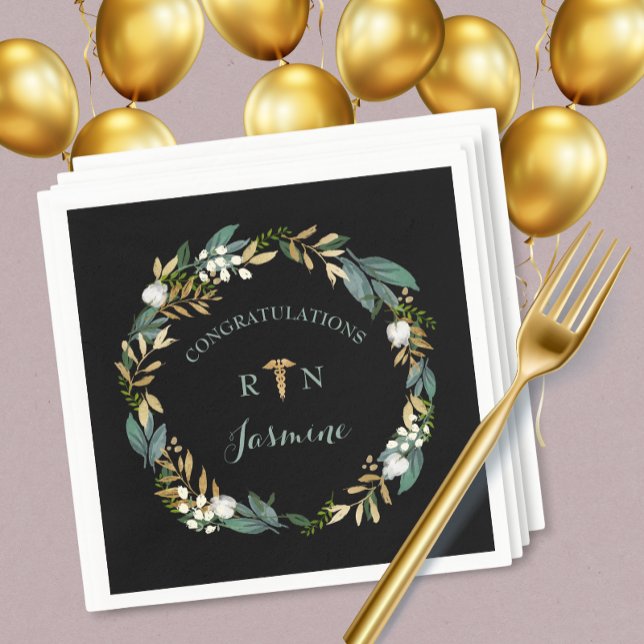 RN graduation greenery wreath + gold caduceus Napkin (Creator Uploaded)