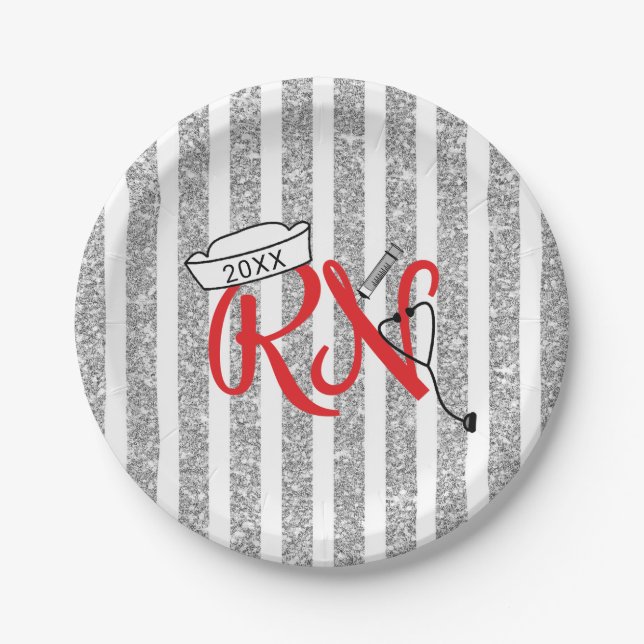 RN graduation party decor, red silver glitter Paper Plate (Front)