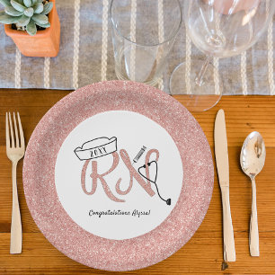 RN graduation party decor, rose gold faux glitter Paper Plate