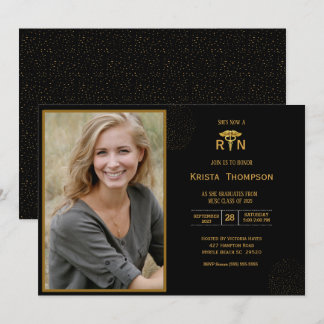 RN Graduation Party Photo Black Gold Invitation