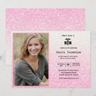 RN Graduation Party Photo Pink Glitter Invitation